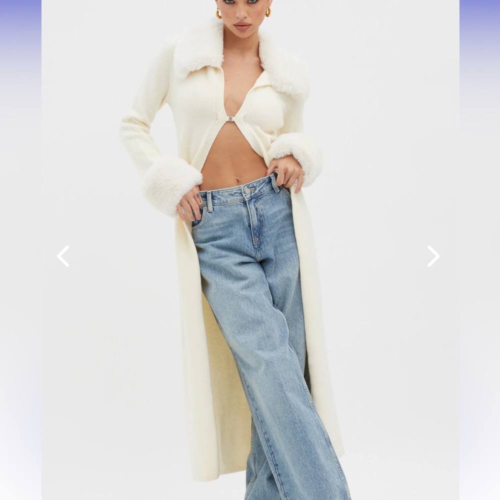 Snowflakes Fur Trim Longline Cardigan Coat Ivory